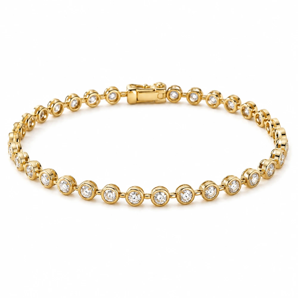 The Bezel Tennis Bracelet — 34 berlian 0,07 ct dalam bezel (±2,40 ct) · Tennis 17 cm · Emas 18K