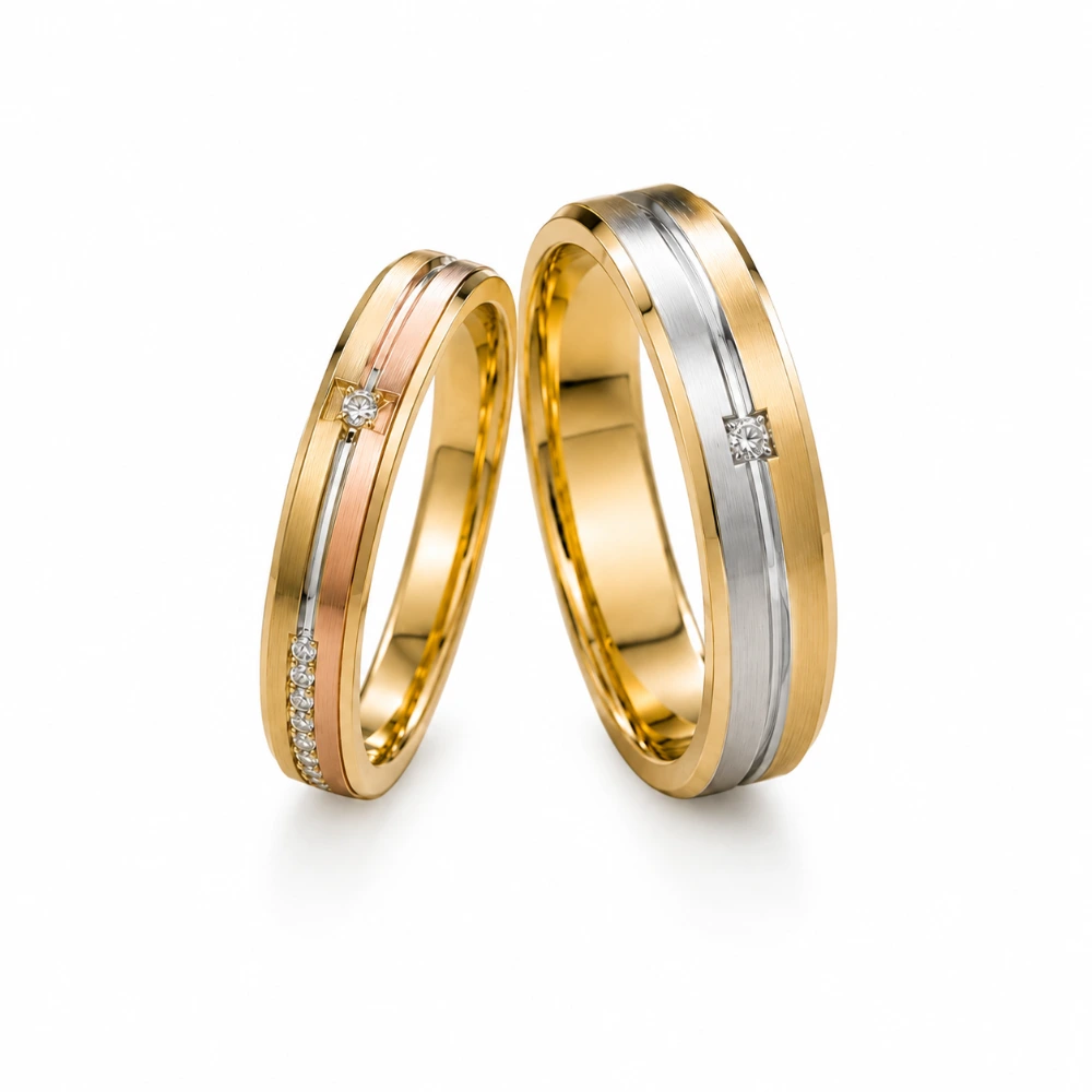The Tricolour Line Bands — Wanita 3,2 mm tiga warna · 1 princess 0,05 ct + 10 berlian 0,015 ct · Pria 4,8 mm dua warna · Emas 18K