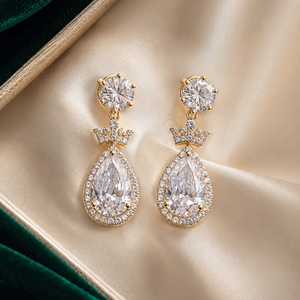 The Crown Drop Earrings — Stud + Drop Pear · Emas 18K
