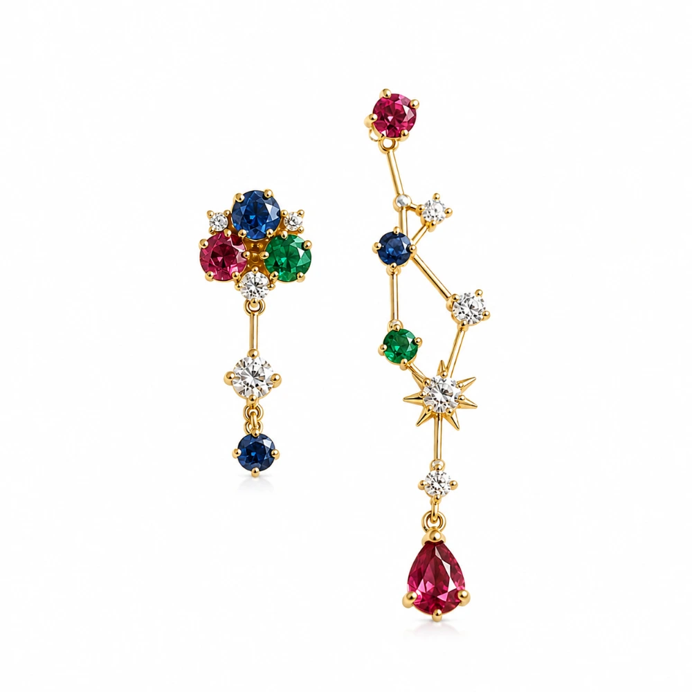 The Constellation Drops — Sepasang asimetris · Ruby, sapphire & emerald 0,10–0,25 ct · 10 berlian 0,02 ct · Emas 18K