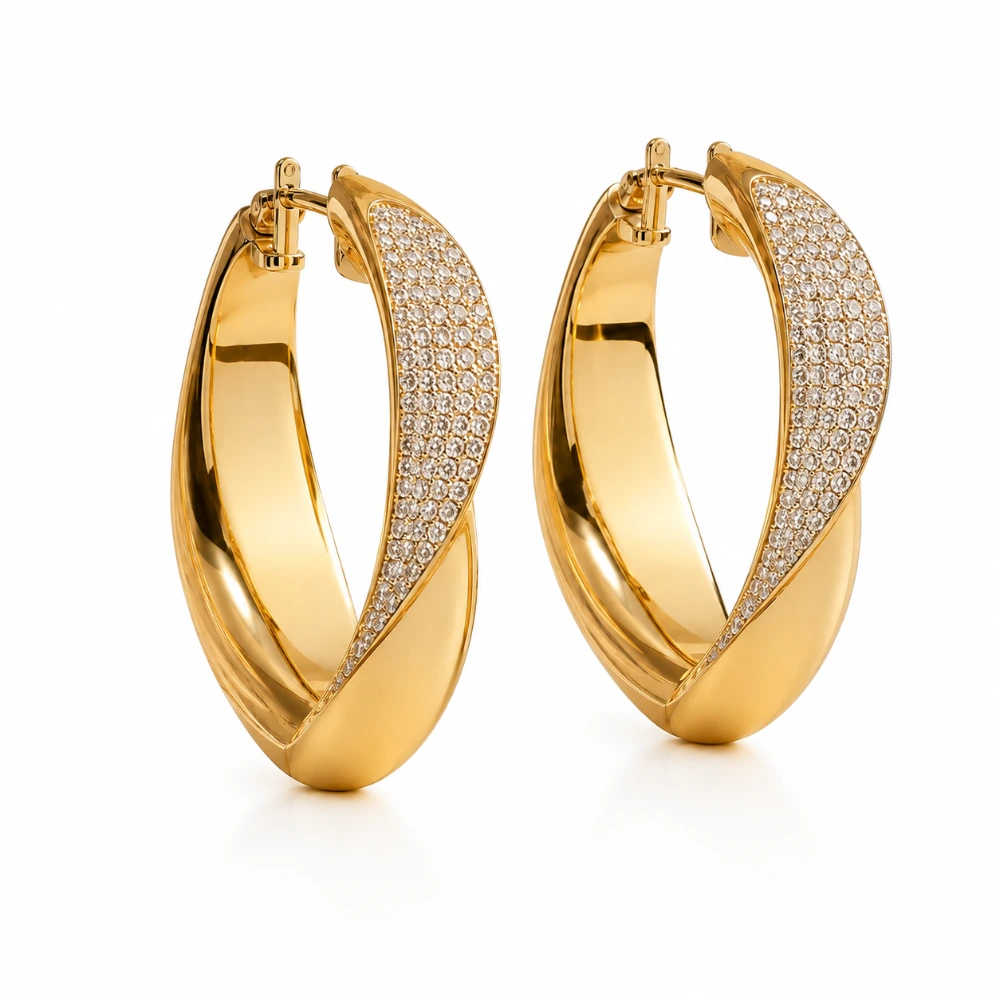 The Twist Pavé Hoops — Sepasang · 60 berlian 0,015 ct per sisi (±1,80 ct) · Hoop 28 mm · Emas 18K