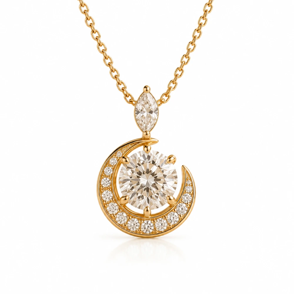 The Crescent Moon Pendant — Round 0,40 ct + marquise 0,12 ct · Sabit 30 × 0,01 ct · Rantai 45 cm · Emas 18K