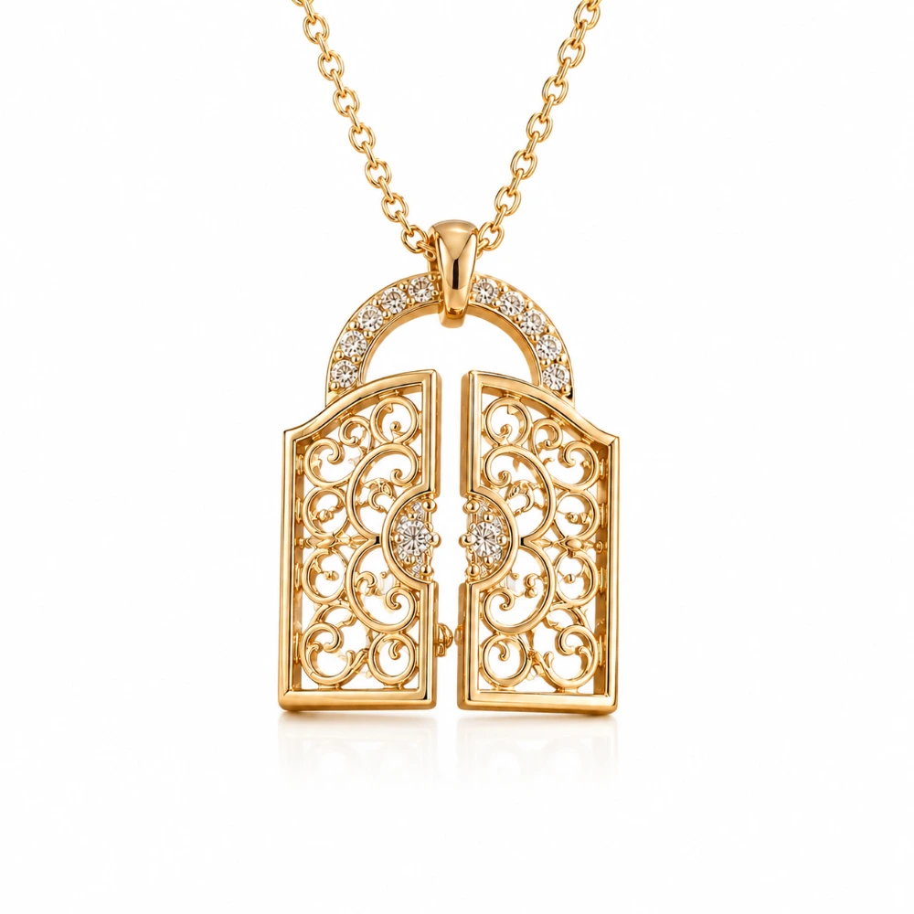 The Secret Gate Pendant — Gerbang 20 mm · Daun filigree · 42 × 0,01 ct · Dapat dibuka · Rantai 45 cm · Emas 18K