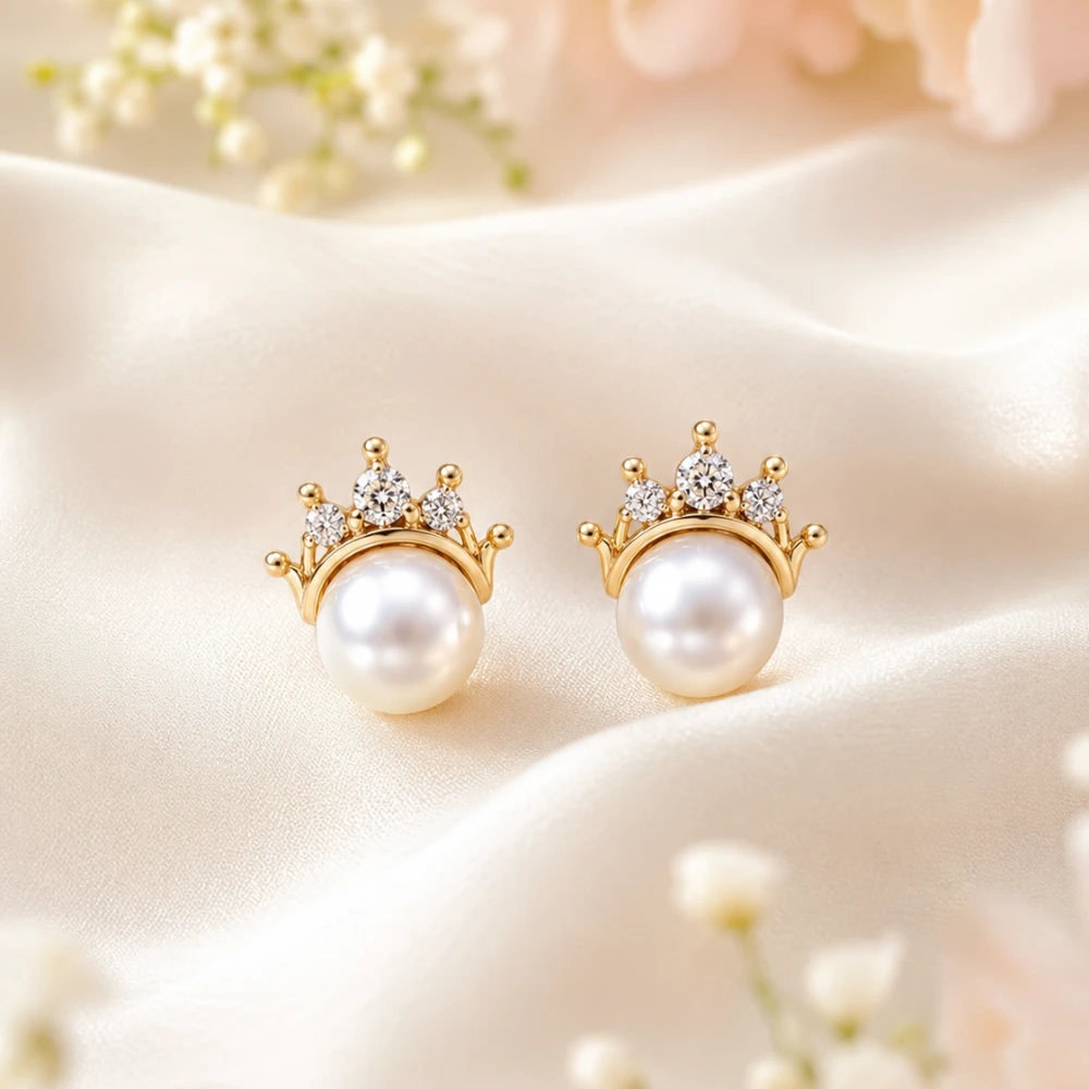 The Pearl & Diamond Crown Studs — Mutiara · Aksen Crown Berlian · Emas 18K