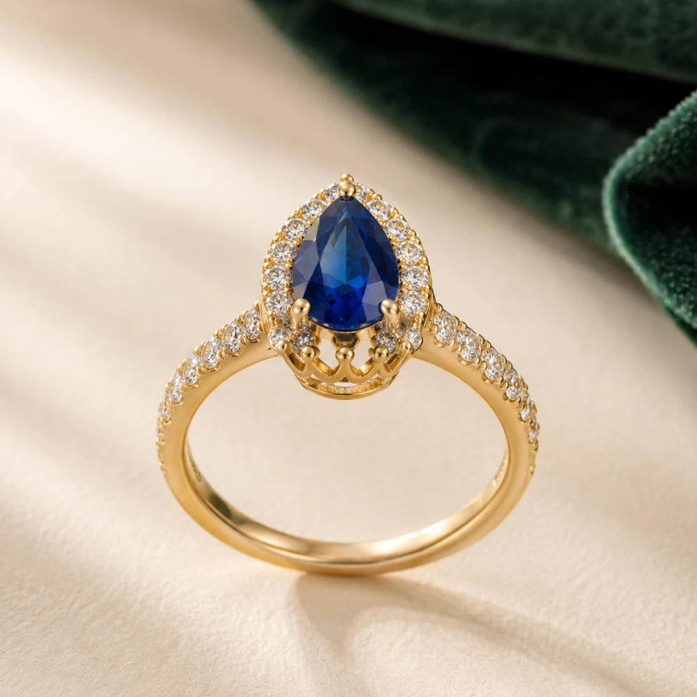 The Sapphire Crown Pear — Pear Blue Sapphire · Halo Berlian
