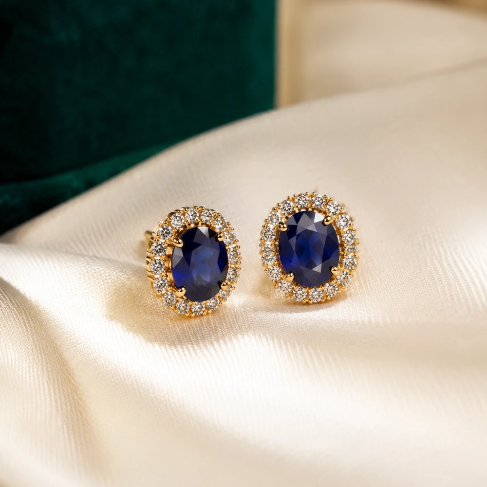 The Sapphire Royal Studs — Blue Sapphire · Halo Berlian Kecil