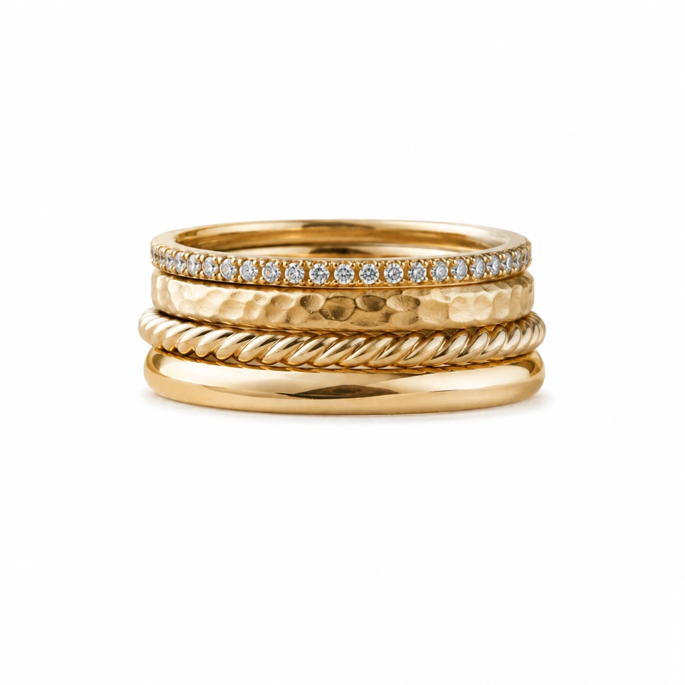 The Rope & Hammer Stack — Set 4 cincin · Pavé 26 × 0,015 ct · Tempa · Pilin · Polos · Emas 18K