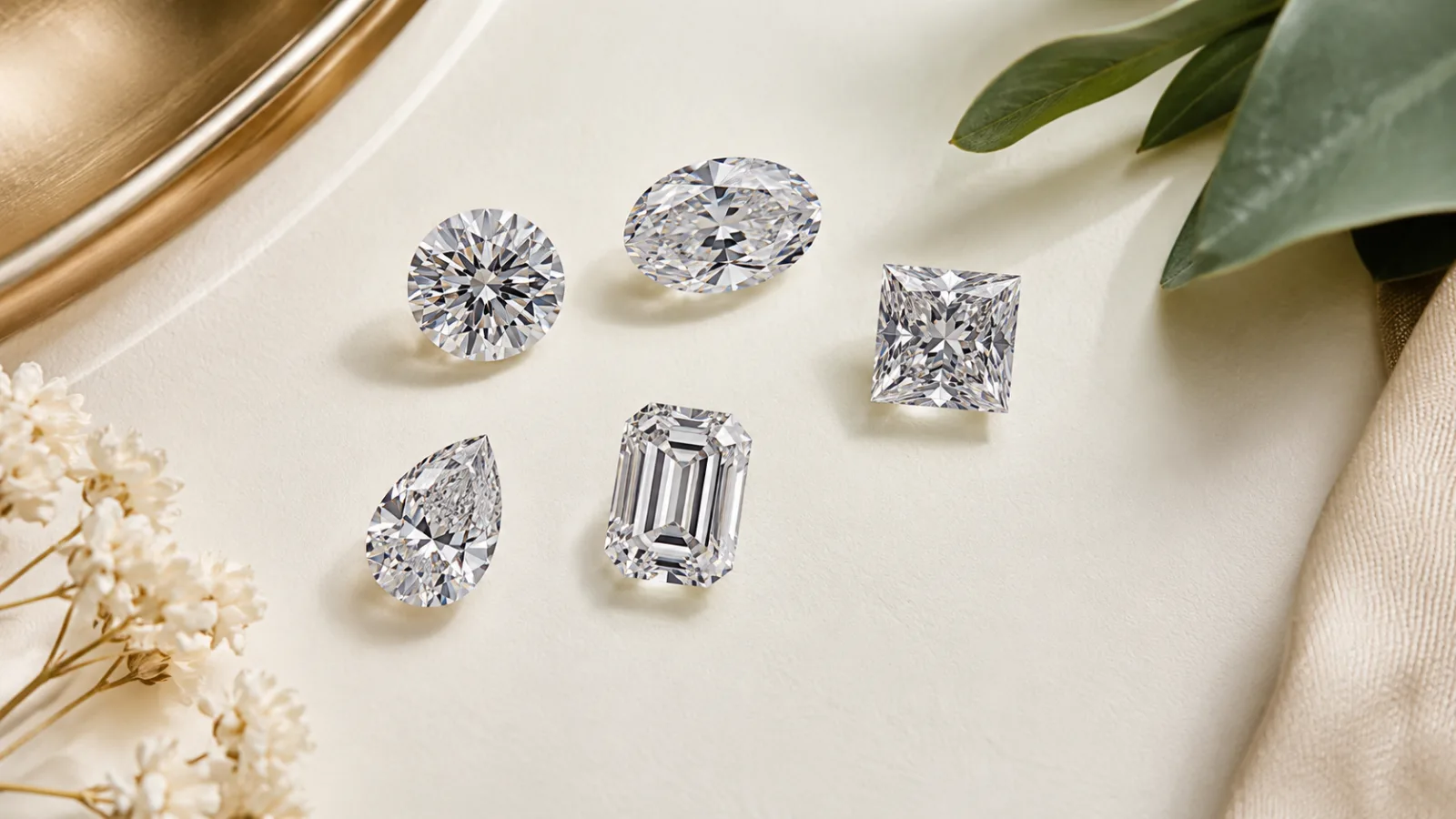 Lima bentuk berlian: round, oval, princess, emerald, dan pear