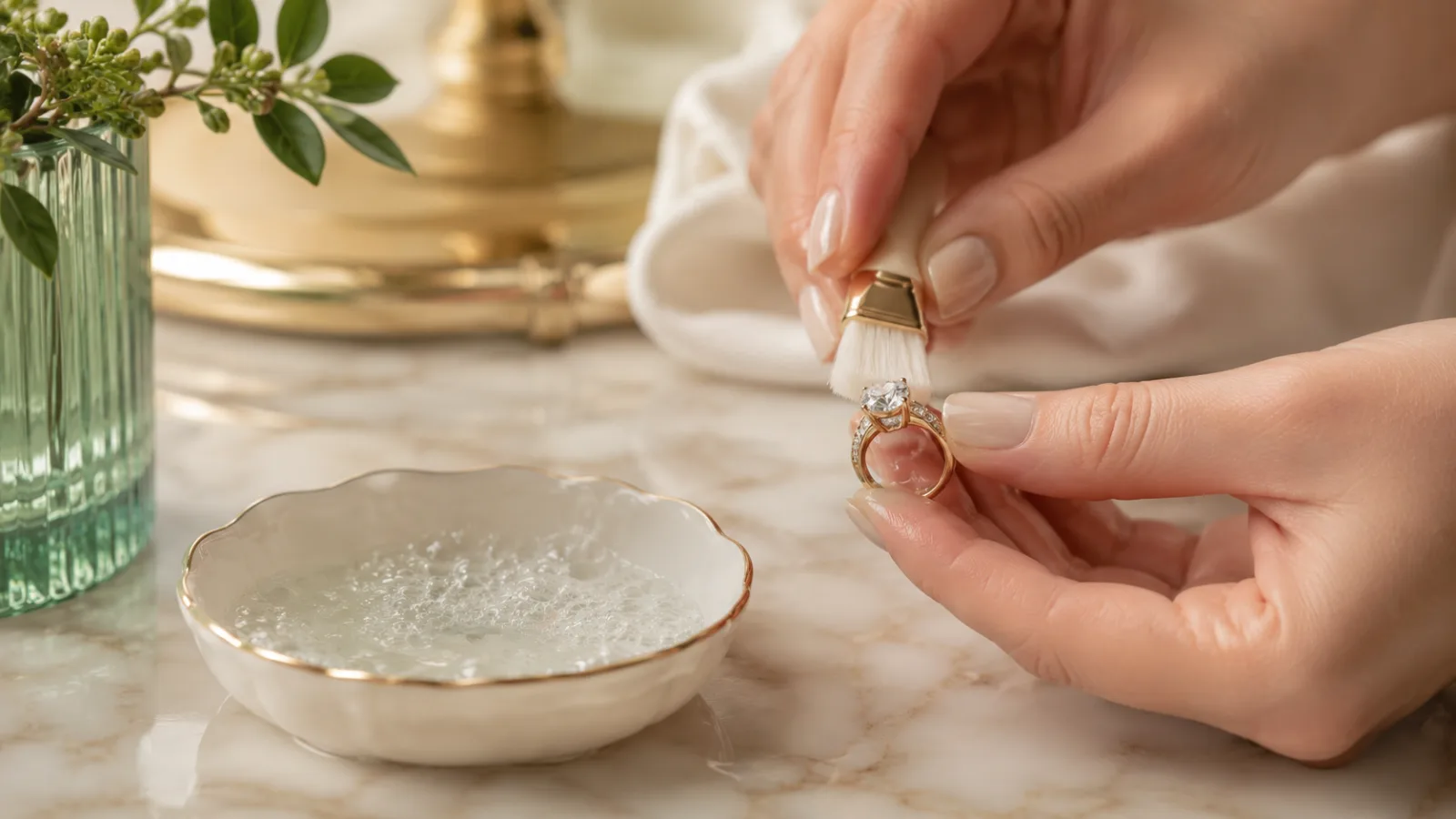 Membersihkan cincin berlian dengan sikat halus dan air sabun
