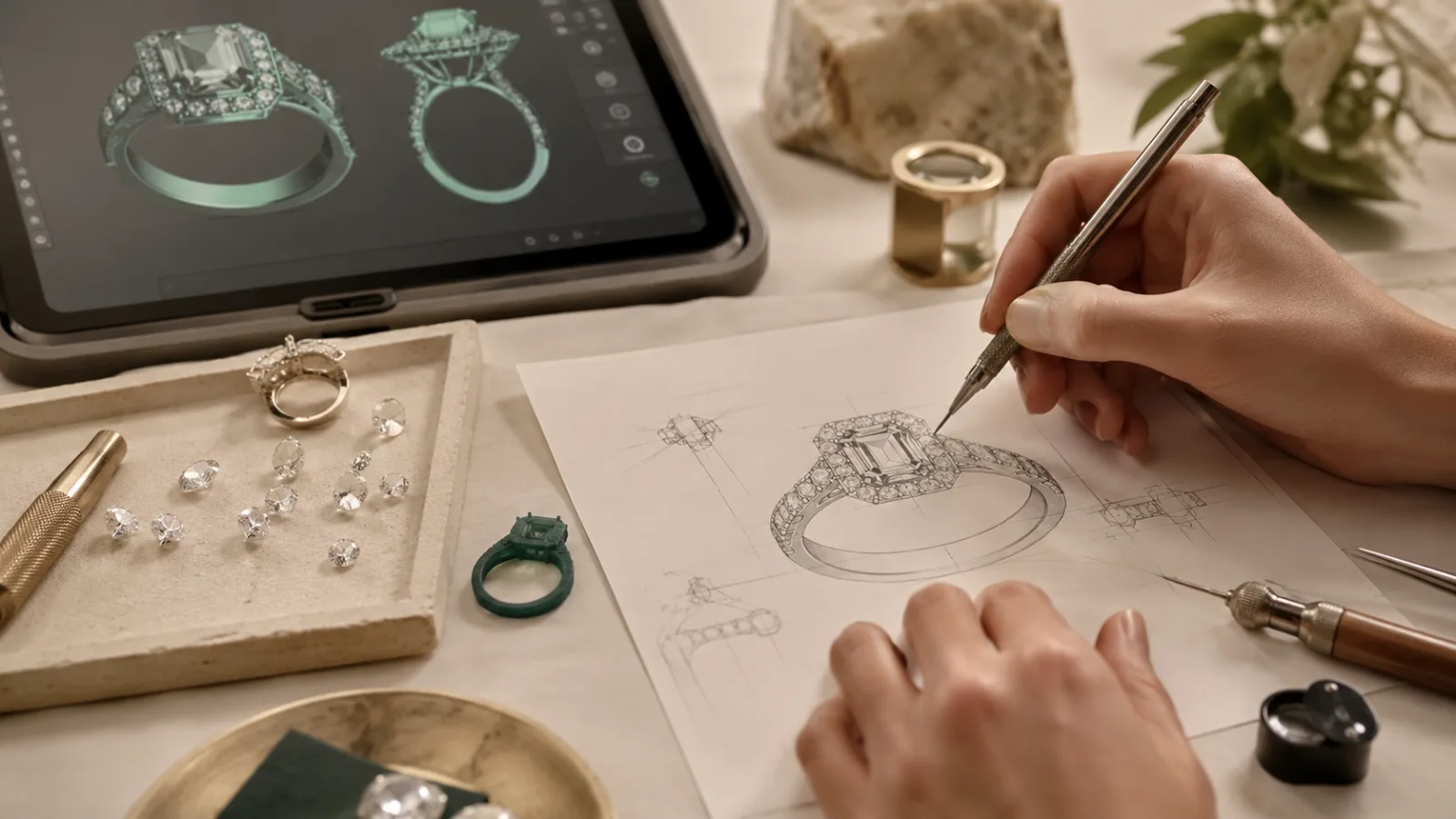 Perajin merancang sketsa cincin tunangan custom dengan berlian lepas dan render CAD