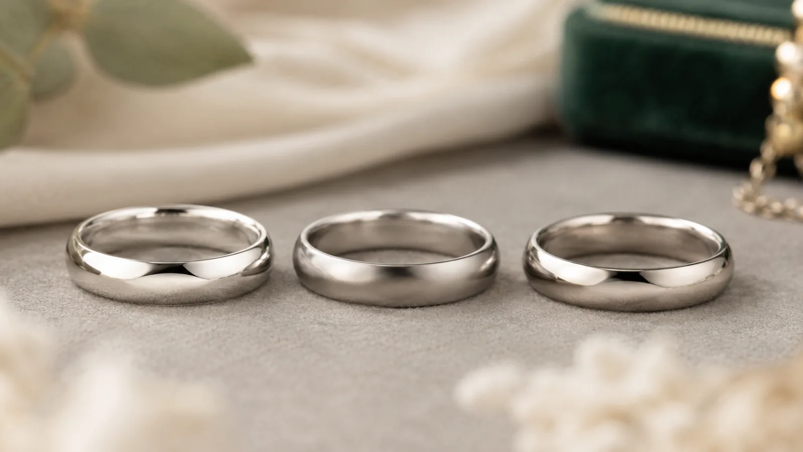 Tiga cincin polos emas putih, platinum, dan palladium berdampingan