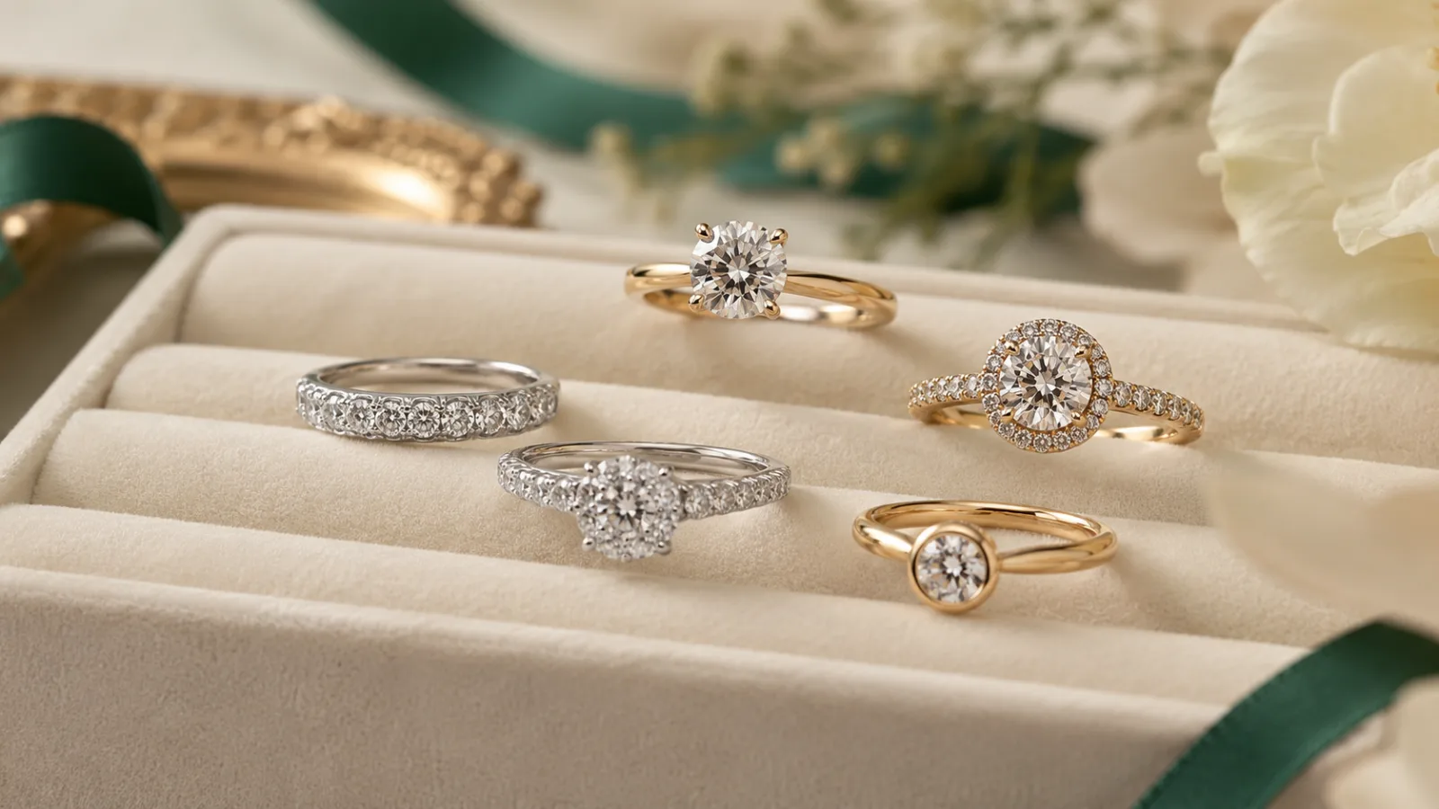 Koleksi cincin berlian dengan berbagai jenis setting