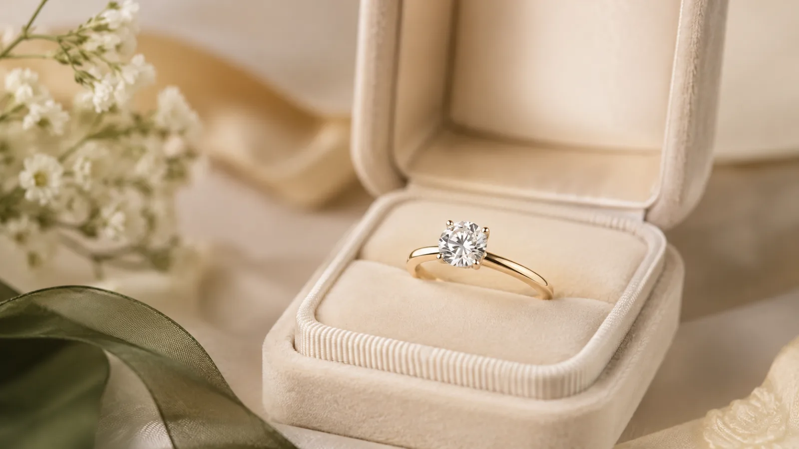 Cincin tunangan berlian solitaire emas dalam kotak beludru krem