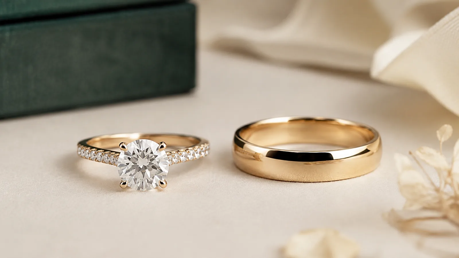 Cincin tunangan berlian di samping cincin kawin emas