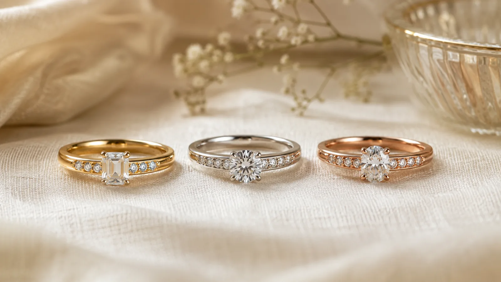 Tiga cincin berlian emas kuning, emas putih, dan rose gold
