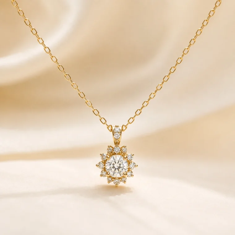 Kalung emas kuning dengan pendant berlian bergaya halo bunga